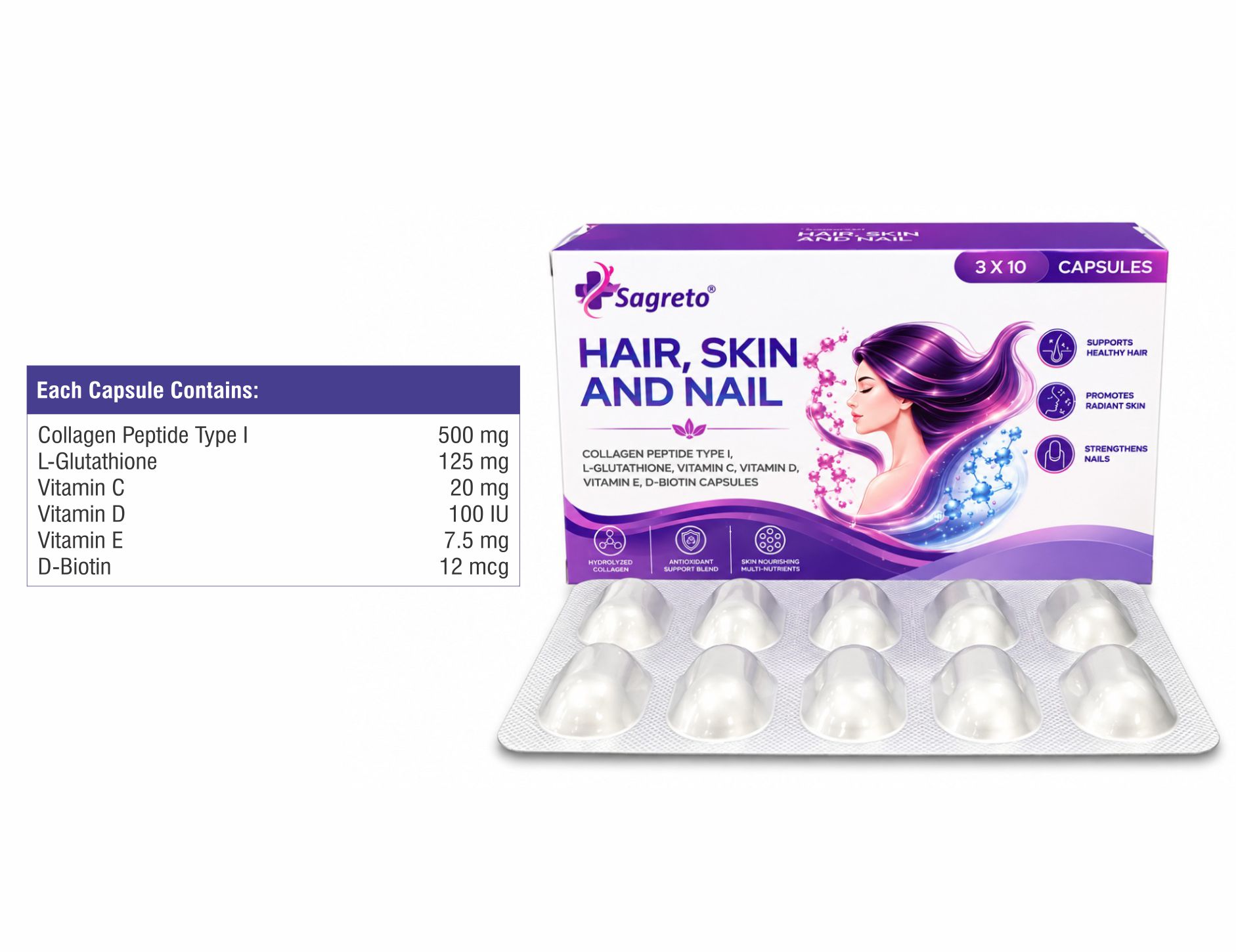 Collagen with Vitamin C, D and E Hardgel Capsules for export