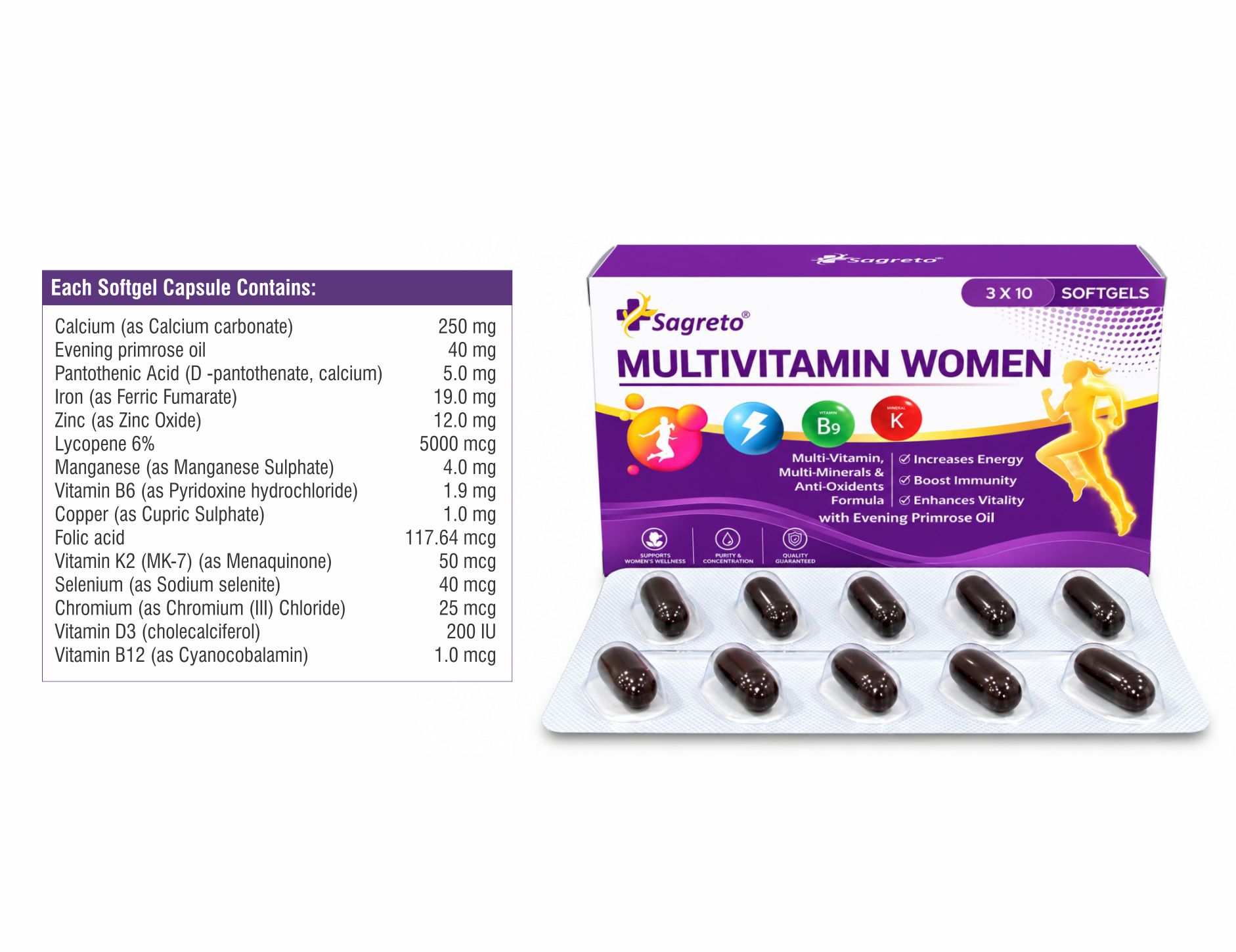 Calcium, Iron, Zinc and Evening Primrose Oil Softgels for export