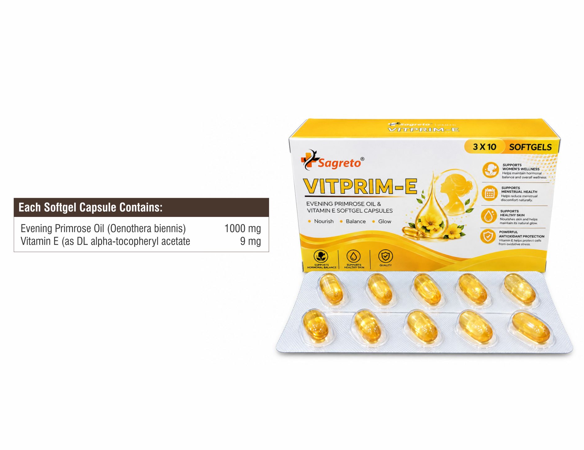 Evening Primrose Oil (Oenothera biennis) 1000mg, Vitamin E (as DL Alpha-tocopheryl acetate) 9mg exporter in india